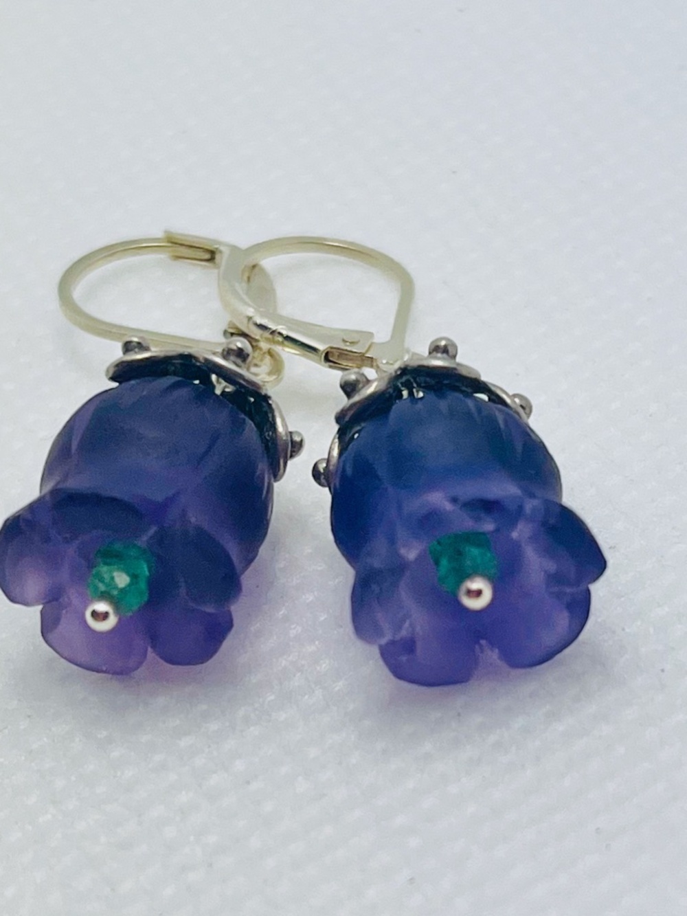Carved Amethyst Flowers With Emerald Accents Sterling Silver Earrings